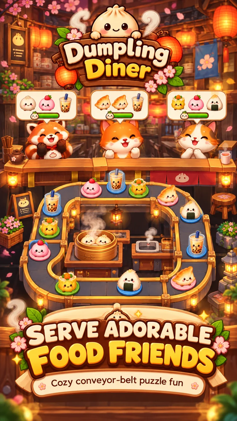 Dumpling Diner promotional illustration of cute animal guests and smiling food on a conveyor belt.