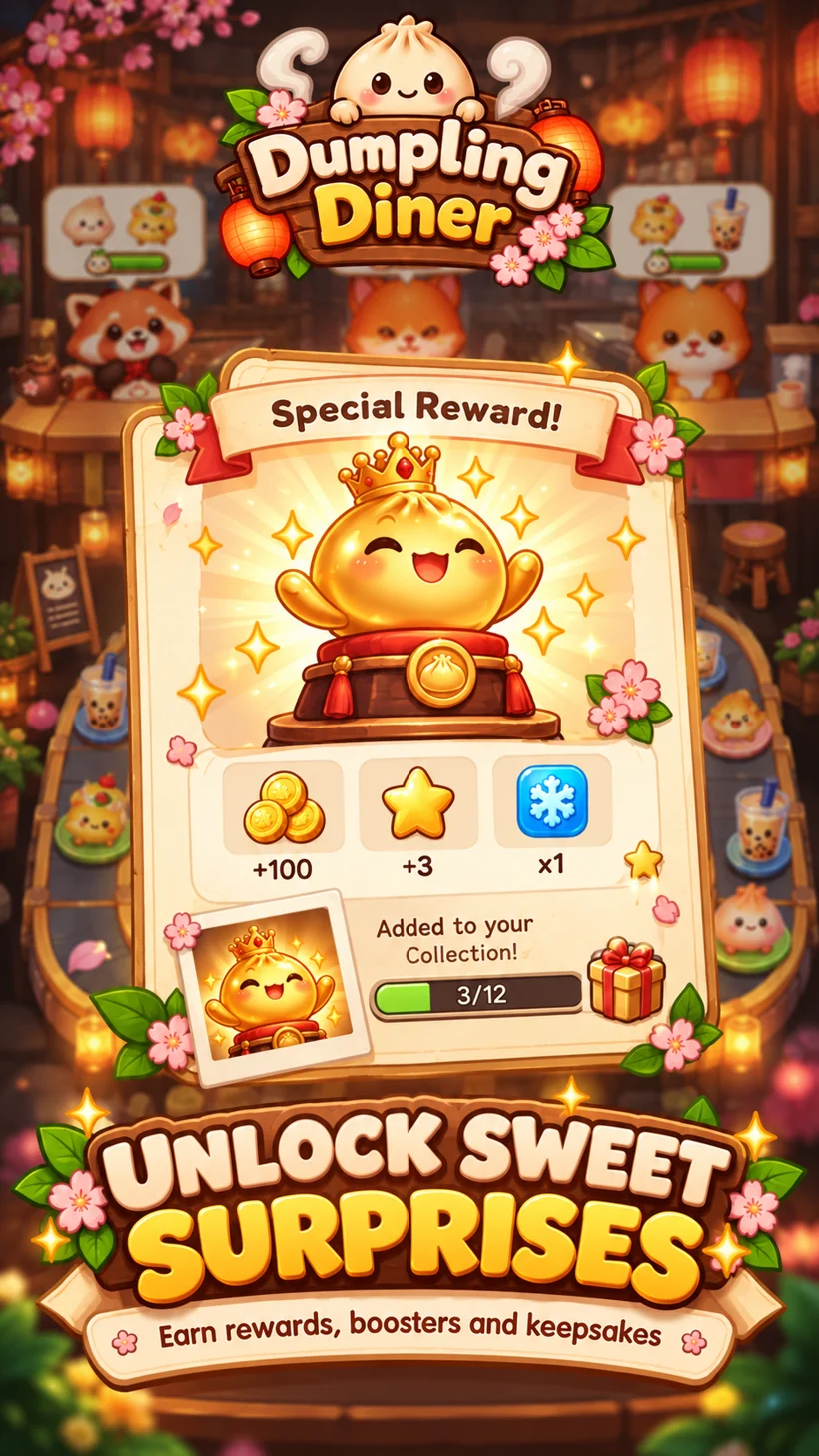 Dumpling Diner promotional illustration of a golden dumpling collectible and rewards.