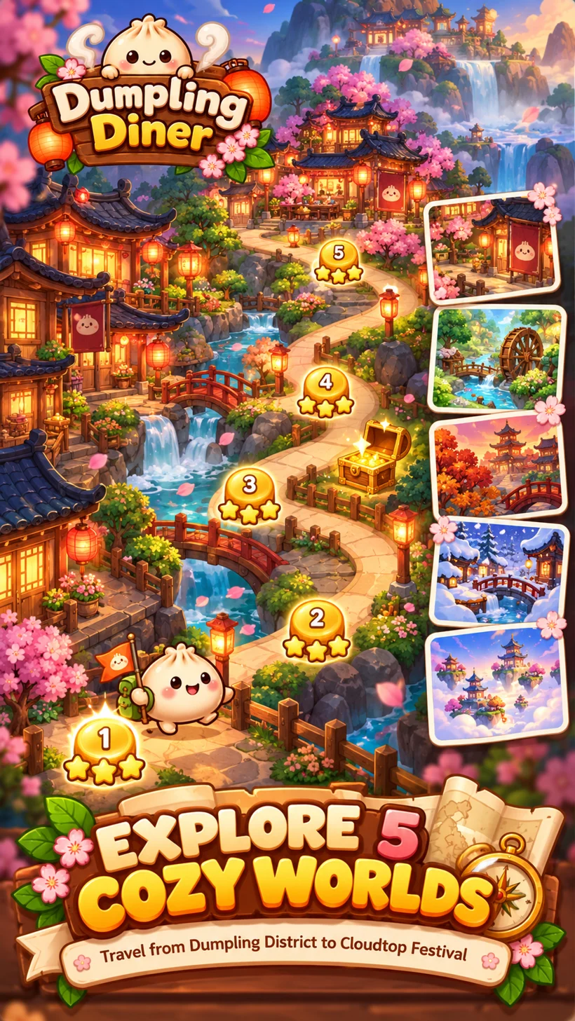 Dumpling Diner promotional illustration of a lantern-lit village and five cozy worlds.